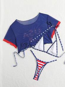 Swim SXY 女士三件套沙滩装，多色撞色饰边美国国旗印花三角吊带性感比基尼套装，带无袖圆领罩衫，7 月 4 日 - 彩色 - 查看 6