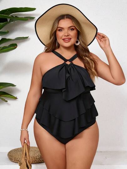 SHEIN CURVE+ Plus Size Summer Beach Simple Hollow Out Halter Neck Tankini Set, Vacation & Beach For Summer,Beach Outfits For Woman,Bathing Suits
