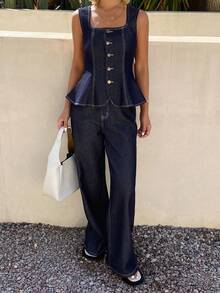 DAZY Bộ áo vest và quần jeans nữ mùa hè - Rửa tối - Xem 6