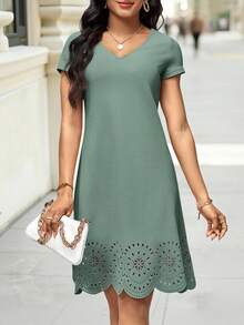 Editum Ladies" Fashionable Solid Color Hollow Out Short Sleeve Dress Spring Summer Elegant - Mint Green - View 2