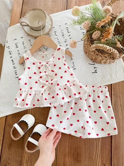 SHEIN LMoss Kids Babygirl Cute Summer Pink & White Striped Bow Sleeveless Top And Elastic Waist Shorts Set