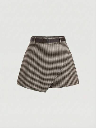 SHEIN Tween Gir Vintage 70s, Y2K, Date, Party, Court, Festive, Birthday, Prom, Preppy, Back-To-School & Office Wear Checkered Shorts Gingham Shorts Saia Marrom Kids Shorts Skirt Girls Checkered Shorts