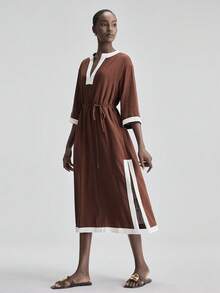 Ontre 2026 SS Linen Blend Midi Dress,White And Brown Colorblock V-Neck 3/4 Sleeve Straight Dress,Summer Minimalist Daytime Holiday Casual Elegant Commute - Brown - View 6