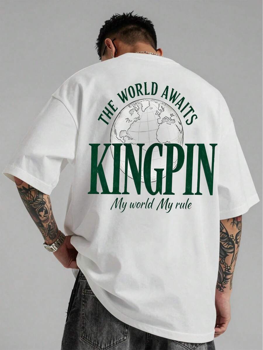 Manfinity LEGND 男士休闲地球标语印花T恤，夏季款 - 白色 - 查看 1