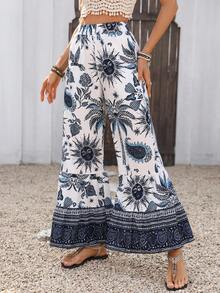 Silhoulove Quần ống rộng in họa tiết nhiệt đới dành cho nữ, kiểu dáng thường ngày. - Màu xanh lam - Xem 4