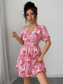 Elenzga Women's Elegant Casual Print V-Neck Ruffle Sleeve Waist Tie A-Line Short Dress, Spring/Summer - Hot Pink - View 5