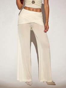 SHEIN ICON Women's Fashion Sexy Ruched Patchwork Pants - Beige - View 4