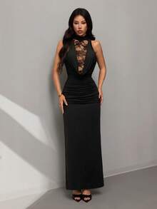 SHEIN PETITE Đầm ren tương phản cổ chữ V xẻ sâu gợi cảm, thanh lịch dành cho nữ, thích hợp cho tiệc tùng và hẹn hò, mùa xuân/hè. - màu đen - Xem 1