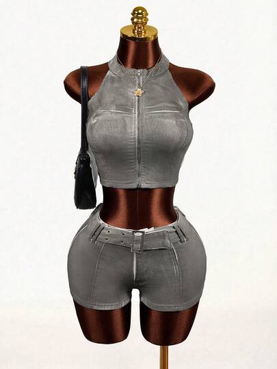 Mistrie 女士短款拉链翻领牛仔背心