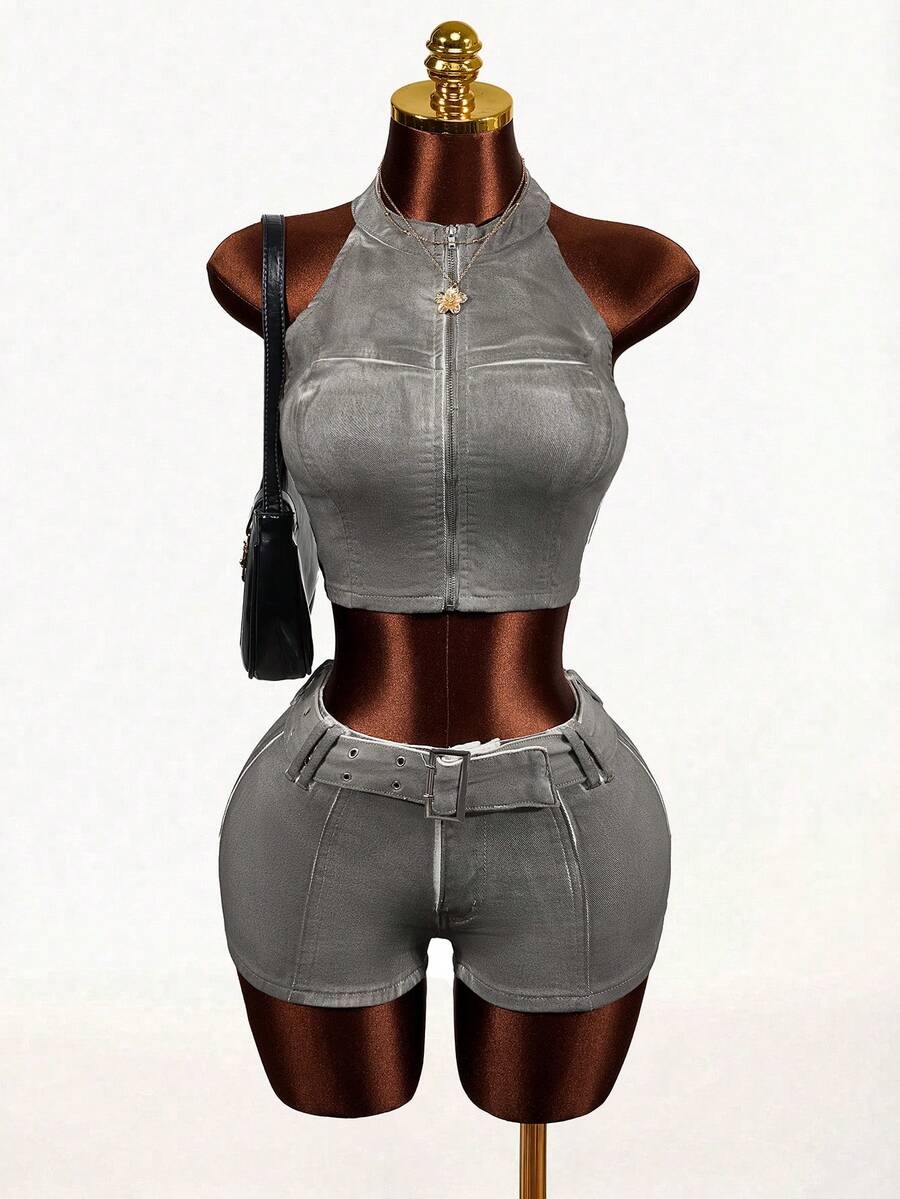 Mistrie 女士短款拉链翻领牛仔背心 - 白色 - 查看 1