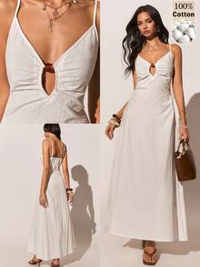 Poéselle White 100% Cotton Maxi Dress, Spaghetti Strap Cutout Summer Sundress, Casual Long Beach Holiday Outfit For Women,French Retro V-Neck Spaghetti Strap Dress,Summer,French-Style Dress,2026 New Arrival - White - View 1