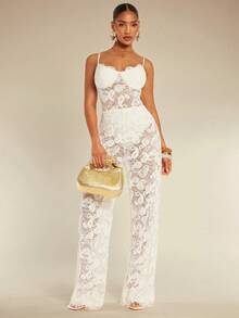 Silquee Bộ áo liền quần nữ màu trơn phối ren, chất liệu xuyên thấu. - trắng - Xem 4