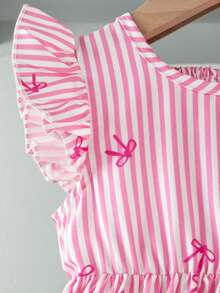 Souflis Souflis 法式女童浅粉色条纹蝴蝶结印花喇叭袖露背蝴蝶结装饰休闲连衣裙，甜美时尚，适合外出、上学、玩耍等各种场合。 - 粉色 - 查看 6