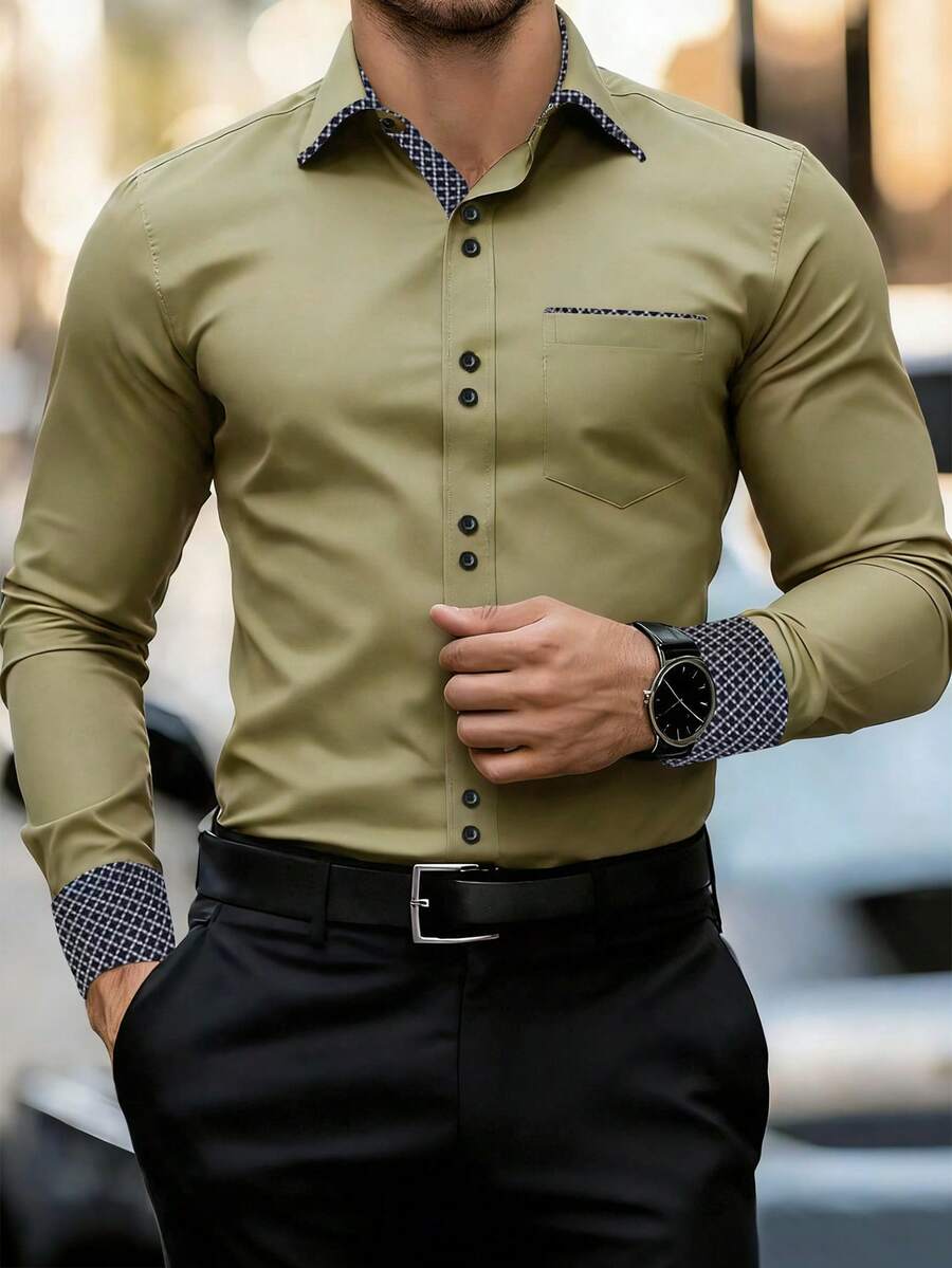 Manfinity Mode Men's Casual Regular Shoulder Minimalist Front Button Long Sleeve Shirt - Army Green - View 1