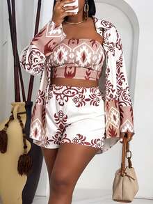 Veslaya Women's Plus Size White Boho 2-Piece Set,Summer Holiday Vacation Loose Long Sleeve Shirt Cardigan,Fitted Cropped Camisole Top&Shorts Outfits For Party - Multicolor - View 5