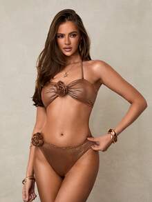 Glamine SHEIN Glamour Bộ bikini cổ yếm màu trơn với họa tiết hoa 3D - màu nâu - Xem 7