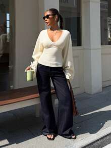 Muchica 女士V领喇叭袖纹理针织T恤，春夏款 - 杏色 - 查看 3