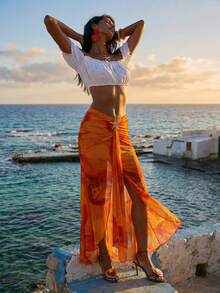 Femesol 女士时尚优雅休闲度假海星印花不对称开衩长裙 - 彩色 - 查看 2