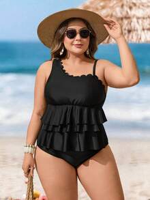 Swim Lushoire Plus Size Women Summer Beach Solid Color Asymmetric Neckline Fashionable Tankini Swimwear Set - Black - View 3