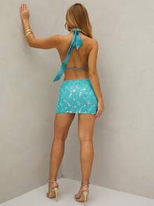 BiaLiraa 性感闪光低腰紧身迷你裙，俱乐部派对装，蓝色 - 藍色 - 查看 2