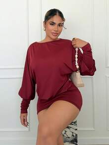 Maria Perezxox Váy cánh dơi hở lưng dài tay màu đỏ rượu vang trơn mới thu/đông dành cho nữ, váy ngắn gợi cảm phong cách Giáng sinh - Màu Đỏ Sâu - Xem 2