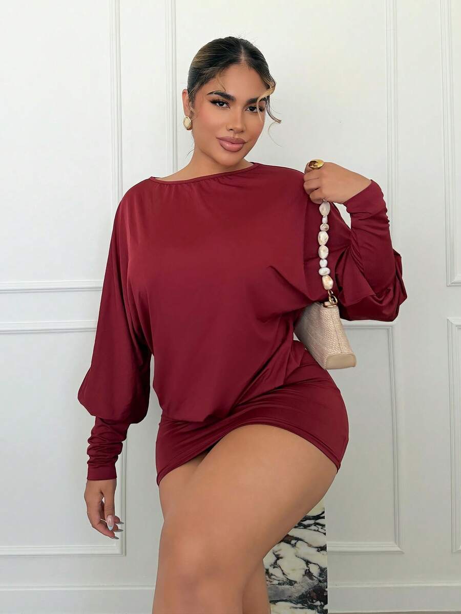 Maria Perezxox Váy cánh dơi hở lưng dài tay màu đỏ rượu vang trơn mới thu/đông dành cho nữ, váy ngắn gợi cảm phong cách Giáng sinh