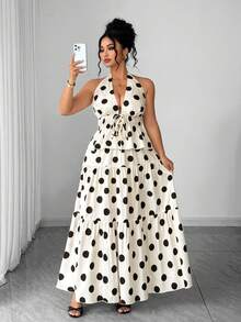 Elenzga Plus Size Women's Elegant Vacation Deep V Polka Dot Print Halter Shirt And A-Line Skirt 2-Piece Set, Spring/Summer - Black and White - View 4
