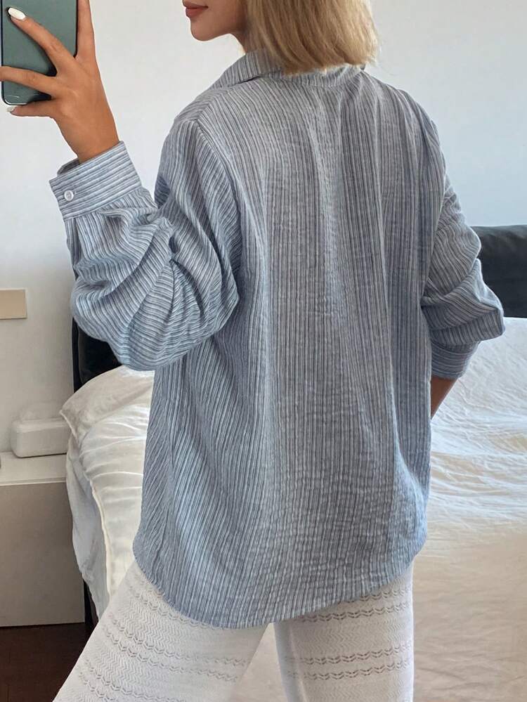 Women's Casual Striped Collared Long Sleeve Shirt, Blue, Spring/Summer