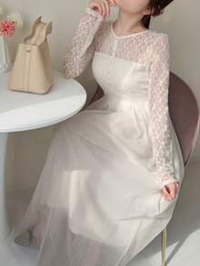 FRIFUL Women's Solid Color Sheer Lace Waist Flared Hem Fitted Casual Dress, Spring/Summer Sundress - Beige - View 6