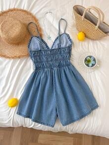 Comfortcana Bộ áo liền quần denim xếp ly thoải mái dành cho nữ, thích hợp mặc hàng ngày, hẹn hò hoặc đi chơi. - Rửa nhẹ - Xem 2