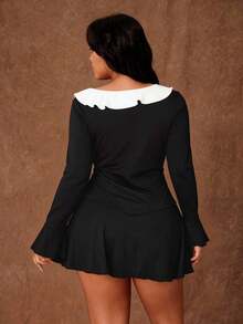 Rustia Đầm ôm dáng tay xòe, cổ chữ V, xếp ly, thắt eo, gợi cảm, mới cho mùa xuân. - màu đen - Xem 2