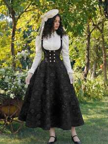 SHEIN MOD Women's Elegant Black Jacquard Spaghetti Strap Dress,Autumn Floral Brocade Corset Midi Skirt,Golden Button Gothic Victorian Pirate Style Dining Dress - Black - View 4