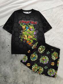 TEENAGE MUTANT NINJA TURTLES | SHEIN Men's Short Sleeve Top And Shorts Pajama Set, Teen MUTANT TURTLES - Black - View 1
