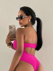 Swim SXY Đồ bơi một mảnh hở vai màu trơn trang trí vàng cho nữ, thích hợp cho kỳ nghỉ hè - Hồng - Xem 2