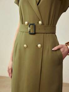 MOTF PREMIUM SPRING/SUMMER LINEN BLEND UTILITY POCKET TIE-WAIST MIDI DRESS, VINTAGE STYLE - Army Green - View 3