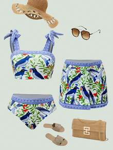Swim Oasis Women's Summer Beach Bird Pattern Fashion Bikini Set With Coverup And Skirt,2026 Spring/Summer New Women's Swimwear Beach Vacation Collection: Elegant, Romantic, Sexy, And Sweet; Simple, Casual, And Versatile; Featuring A Bow-Tie Bikini, Removable Cup Pads, And Vibrant Holiday-Themed Colorful Prints. Perfect For Summer Outings, Beach Vacations, Island Getaways, Sunbathing, Road Trips, Cruise Ship Banquets, Afternoon Tea, Candlelight Dinners, Romantic Dates, Private Parties, Everyday Wear, Casual Style, And Even Music Festivals. A Must-Have Swimsuit For A Cool Summer Beach Trip! Women S Beach Outfits Sets For Women Summer Woman Summer Outfits Summer Outfit For Women Pool Outfits For Woman - Blue and White - View 1