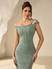 Coutiva High-End Beaded & Rhinestone Embellished Off-Shoulder Mermaid Evening Gown - Green - View 5