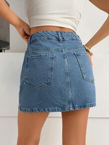 SHEIN Women Rhinestone Embroidered High Waist Mini Denim Skirt - Light Wash - View 2