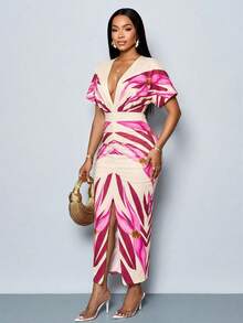 SOLERSUN Vestido de fiesta ajustado con cuello en V y abertura en el muslo, con estampado elegante para mujer, para primavera/verano y vacaciones - Rosa - Ver 3