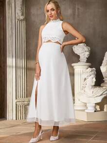 SHEIN White Summer Elegant Maternity Wedding Two-Piece Set,Pregnant Floral Lace Camisole And Side Slit Hem Midi Skirt,Comfortable Co Ord 2 Pieces Set - White - View 3