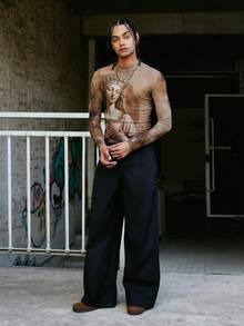 PAVTROS Men's Casual Portrait Graphic Round Neck Long Sleeve T-Shirt, Spring/Autumn Tan Graphic Tees Men Tattoo Shirt Men - Multicolor - View 5