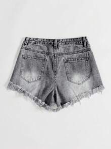 SHEIN EZwear Plain Color Distressed Frayed Edge Slant Pocket Sexy Denim Shorts - Light Grey - View 3