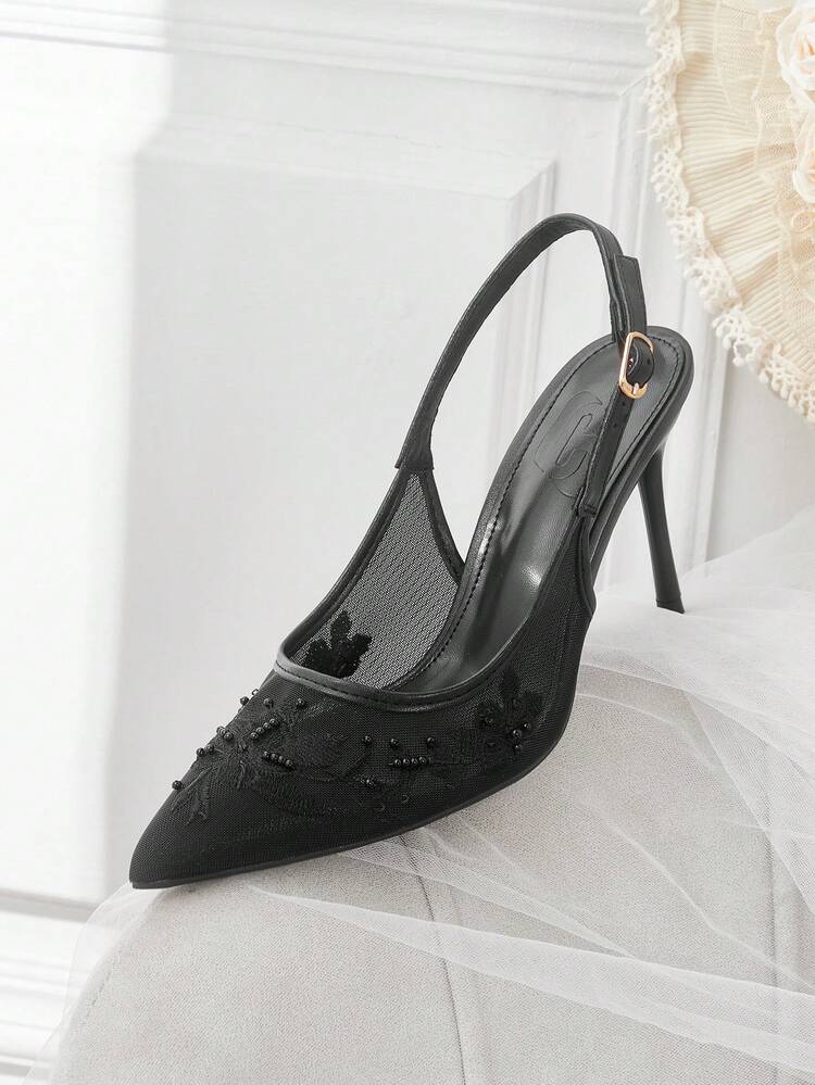 CUCCOO HITCHD Women Shoes Spring Summer Lace Pearl Decorative Pointed Toe Slingback Stiletto 9cm Mesh Women's High Heel Shoes Solid Color Sexy Dating Wedding Party