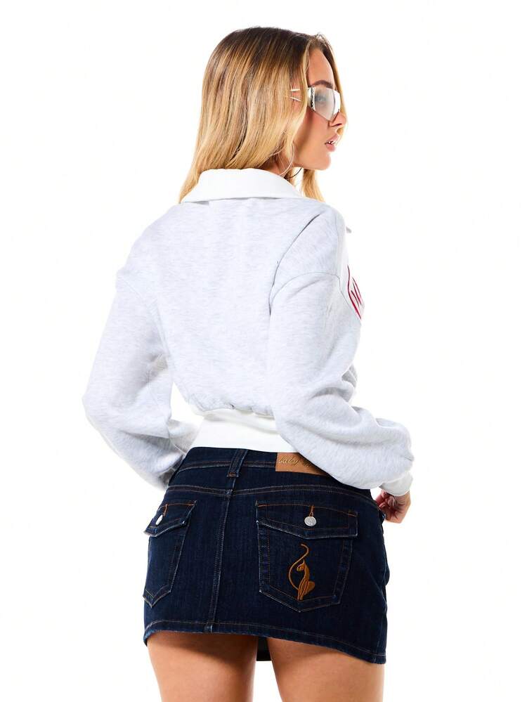 BABYPHAT ウィメンズ ヘザーグレー ノッチカラー ウエストシェイプ スウェットシャツ スクリプトテキストプリント カジュアルプルオーバー