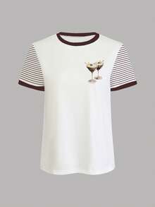 Jouncy Women's Summer Two Pieces Set, White And Brown Striped Shorts, Loose Women's T-Shirt, Basic Best-Selling Set, Cocktail Party Pattern - Multicolor - View 3