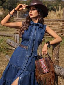 Breezaya 女士度假荷叶边牛仔连衣裙 - 深色水洗藍 - 查看 7