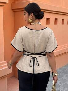 Breezaya Plus Size Women Spring/Summer Wide Collar Ruffle Sleeve Contrast Color Cinched Waist Casual Vacation Shirt - Khaki - View 2