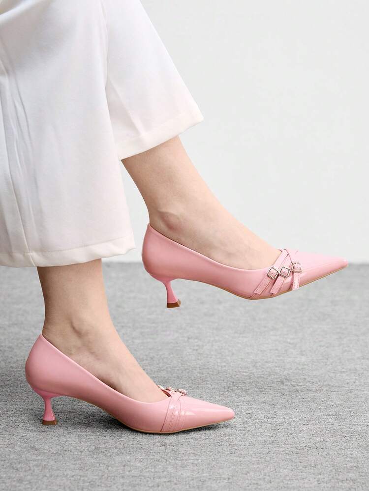 CUCCOO BIZCHIC Women Shoes Women's Pointed Kitten And Pink Multi-Strip Cross Low Vamp Daily Commute Versatile To Work Slip-On Women's High Heels Shoes Women's Shoes