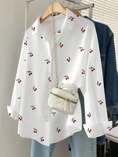 Resyla Plus Size Women Cherry Print Shirt, Autumn