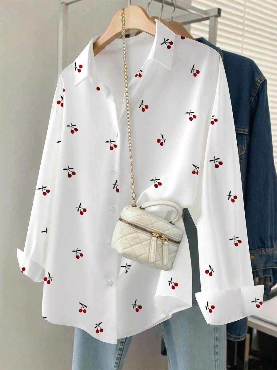 Resyla Áo sơ mi nữ in họa tiết quả anh đào cỡ lớn, mùa thu - Nhiều màu - Xem 1